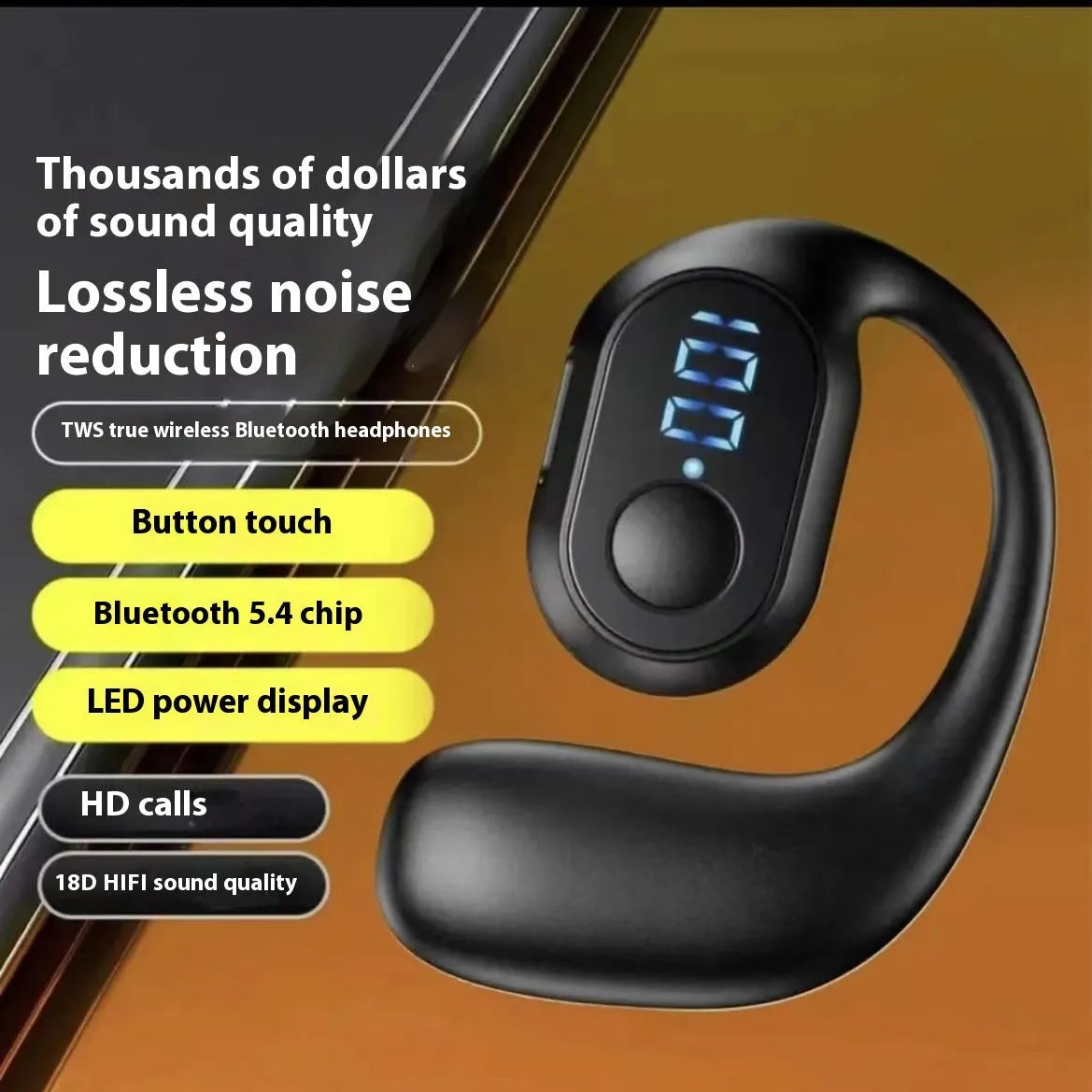 Business wireless headset ear-mounted non in-ear with smart digital display in black