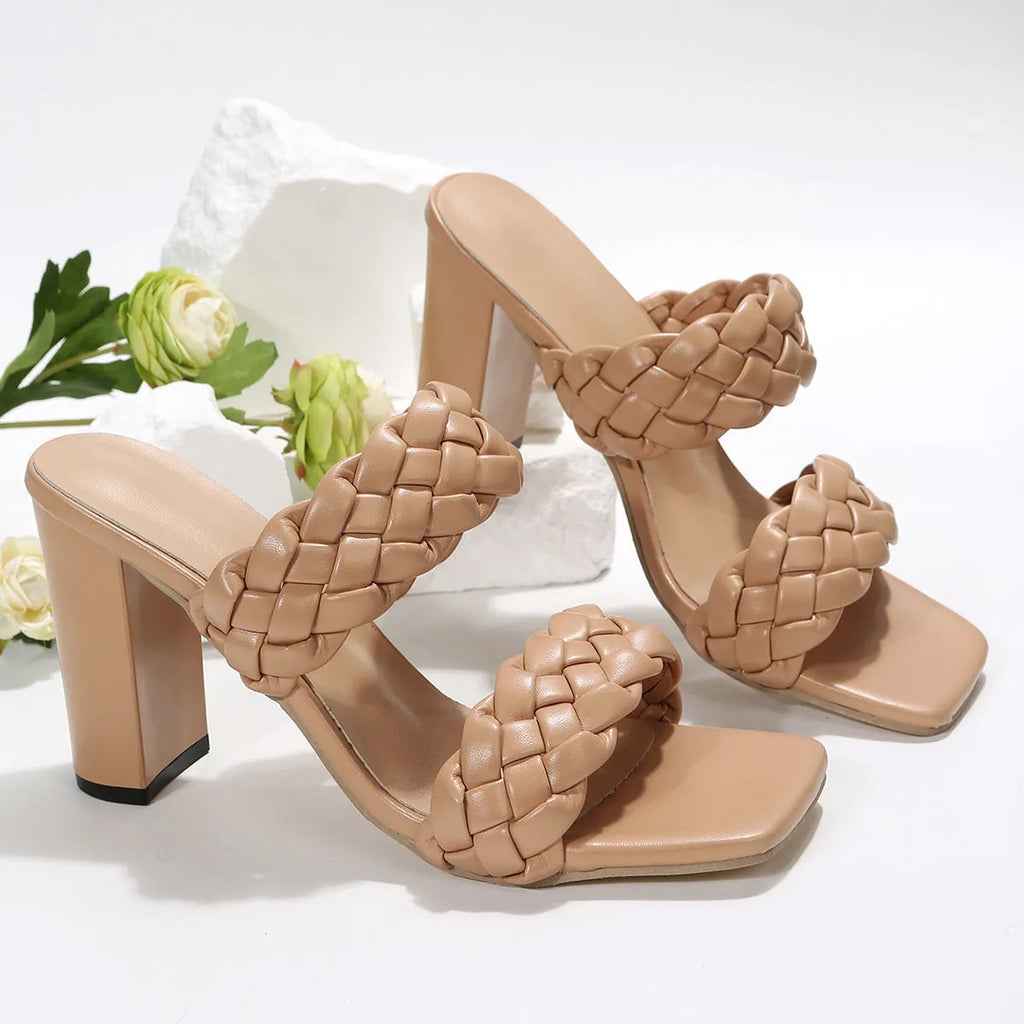 Square toe flip-flops with chunky heel and woven twisted design in apricot colour.