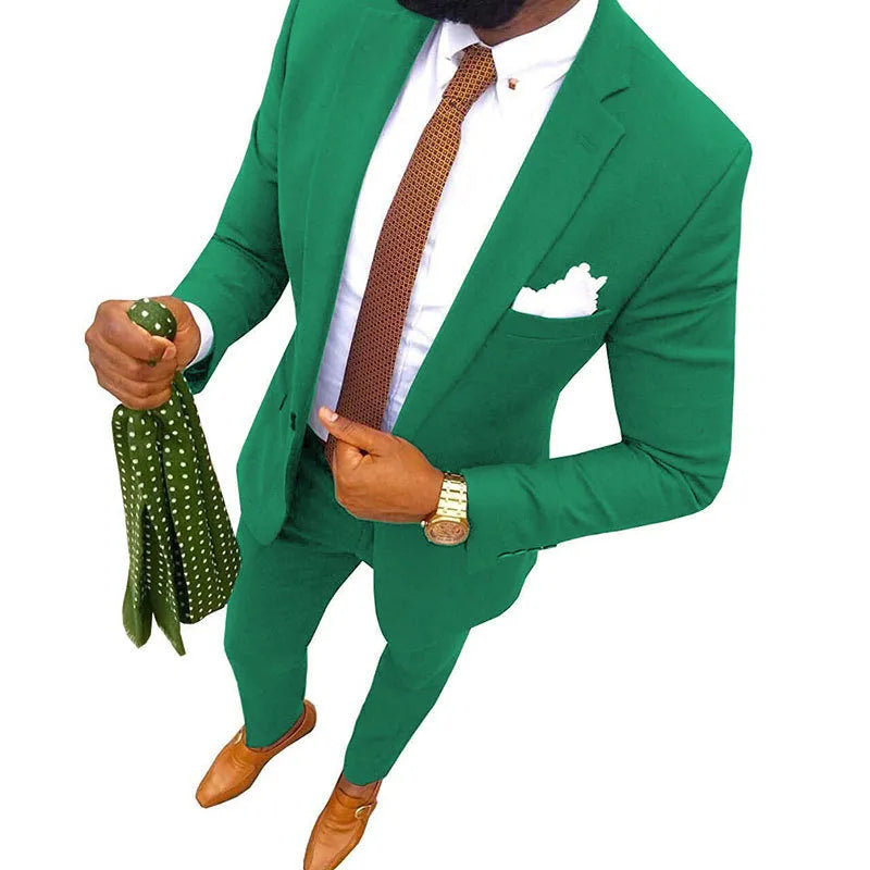 Men's two-piece cotton suit in a selection of colours including purple, blue, and grey.