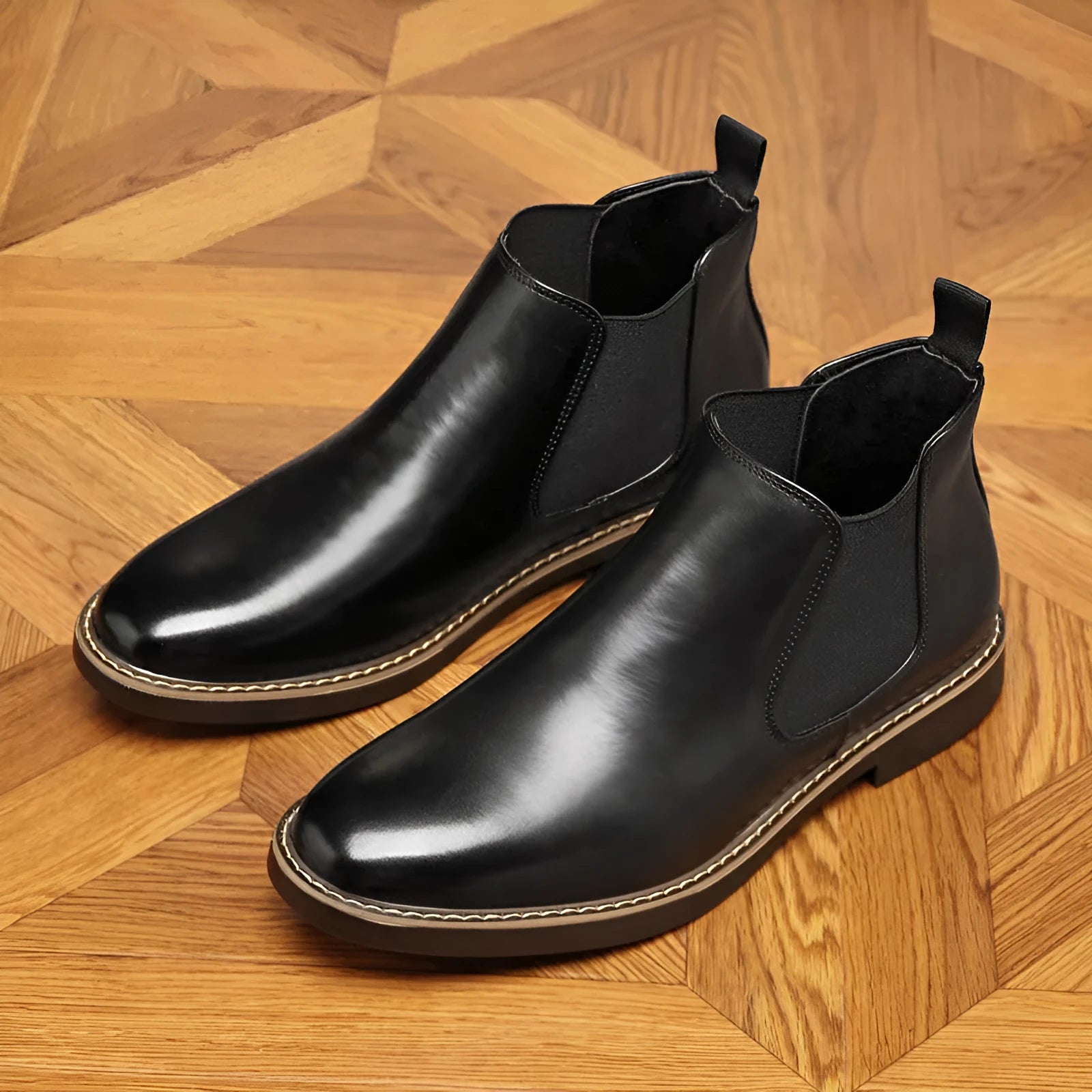 Black formal leather boots with pointed toe design and square rubber heels