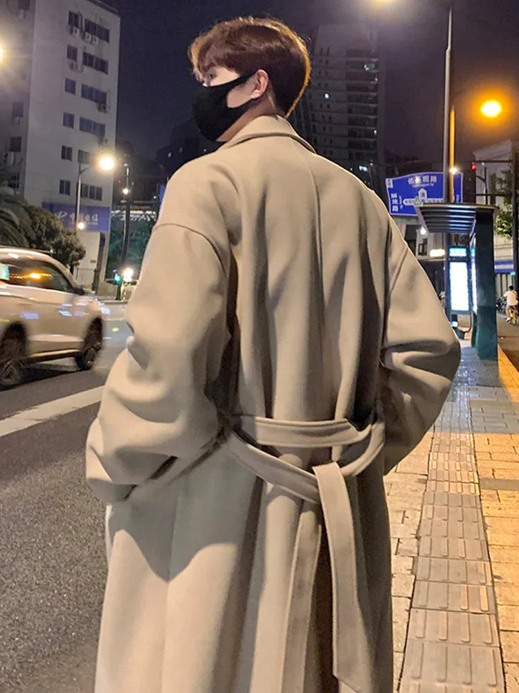 Men's mid-long wool coat in British style, black colour, with side seam pockets