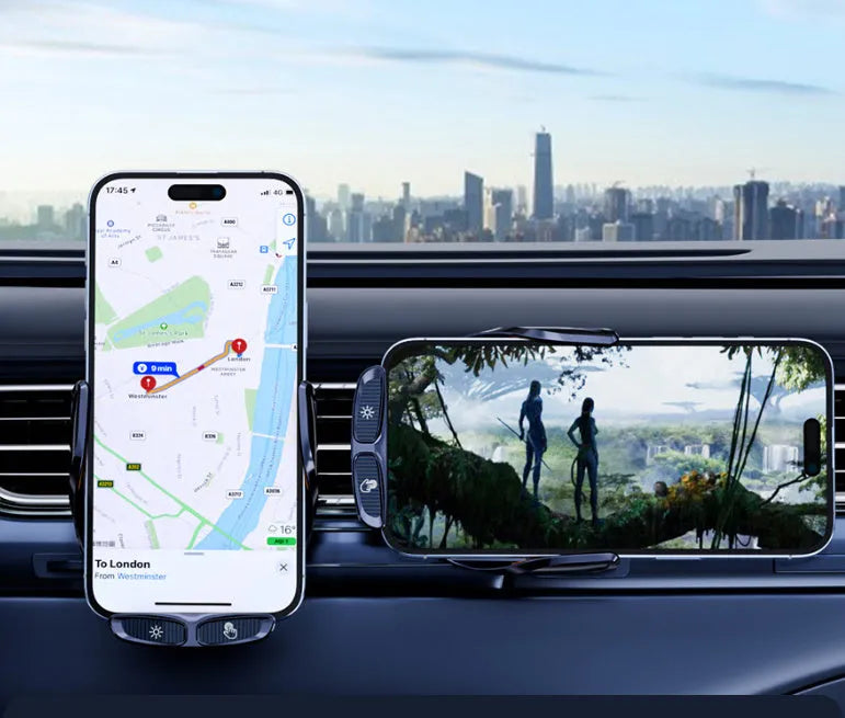 Wireless car charger with air vent mount, magnetic interface, and USB cable in gun colour or silver