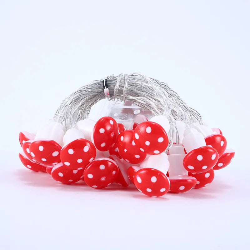 LED mushroom lighting chain with 10 warm glow lights on a tabletop indoor holiday decoration