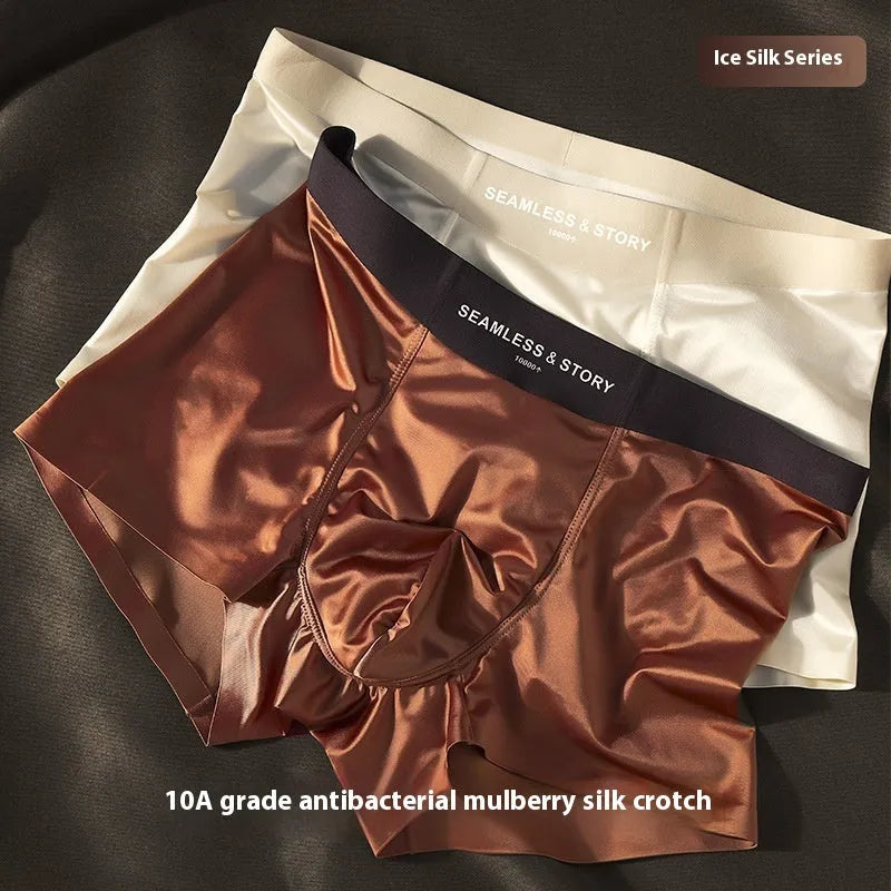 Men's ice silk satin traceless underwear in mid-waist brief style showing solid colour options