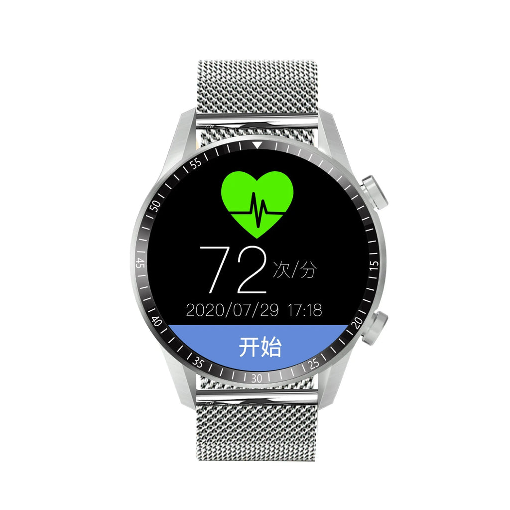 Round smartwatch with Bluetooth calling on wrist, showing black aluminium alloy case and touchscreen display