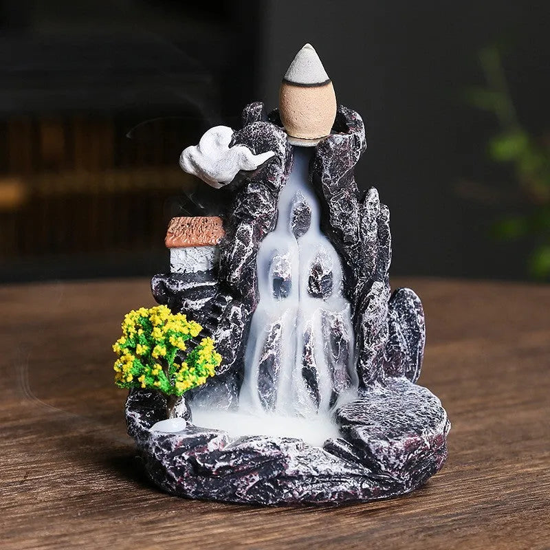 Ceramic backflow incense burner with detailed tree design in green, mangrove, pink, or white colour options