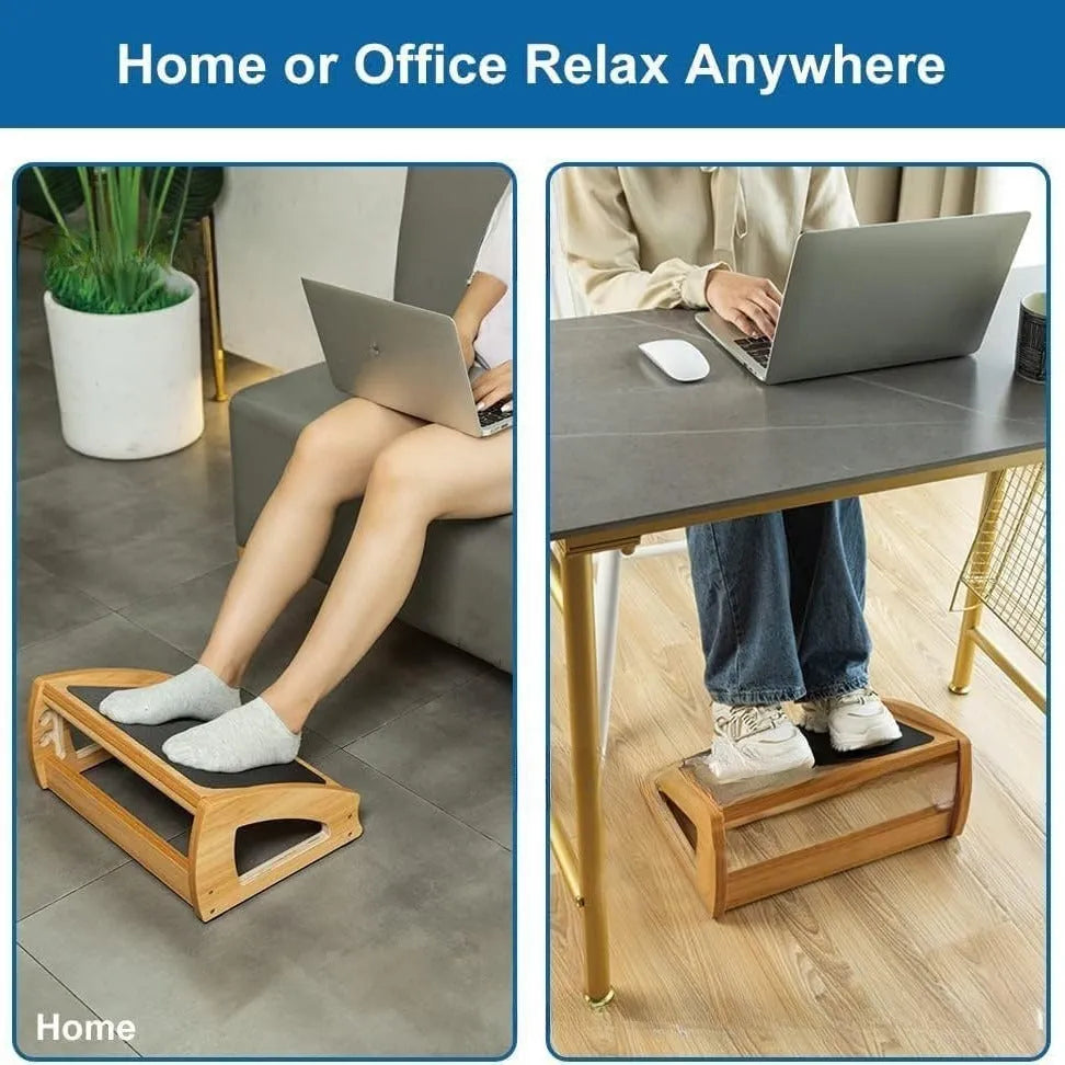 Wood-colour adjustable bamboo office desk footstool in a modern simplicity design.