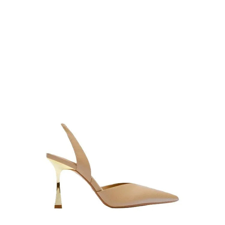 Women's nude and black patent leather pointed high heels with a shallow mouth design