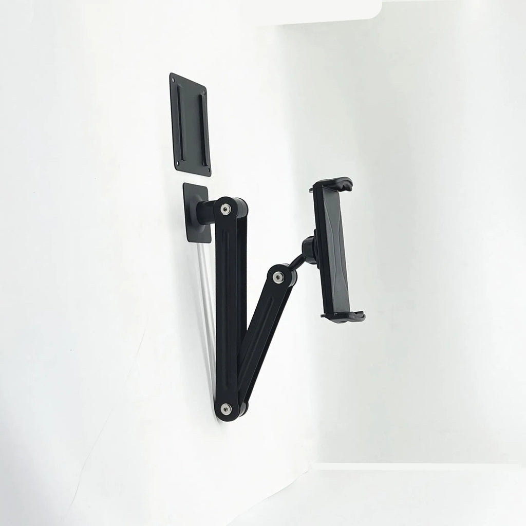 Universal alloy wall rack holding a tablet and a large mobile phone, with foldable and adjustable style options