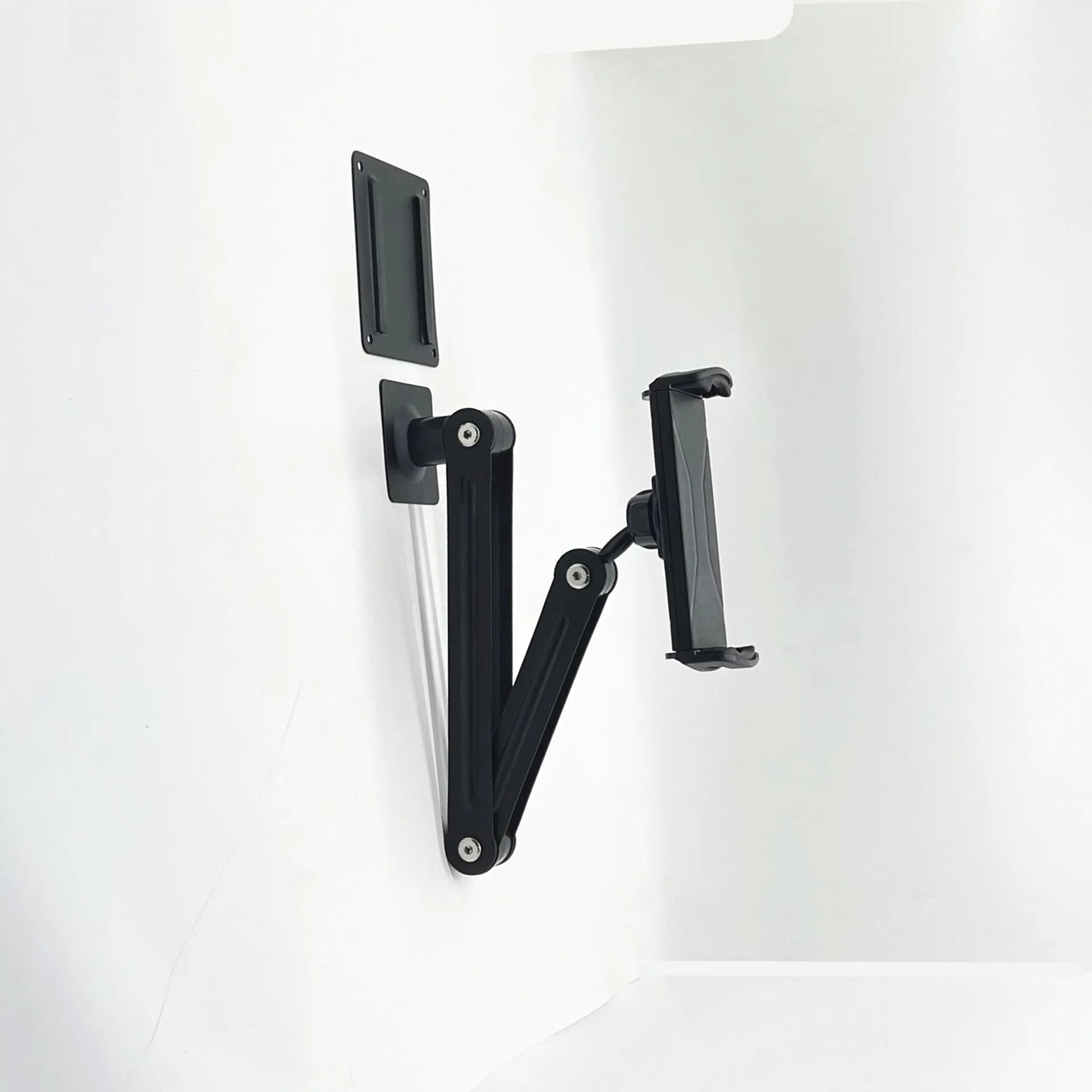 Universal alloy wall rack holding a tablet and a large mobile phone, with foldable and adjustable style options