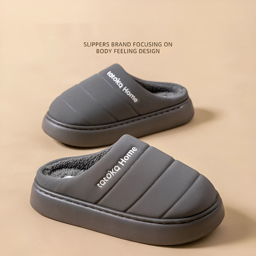 Waterproof plush cotton slippers with non-slip EVA sole and artificial wool lining, unisex adults