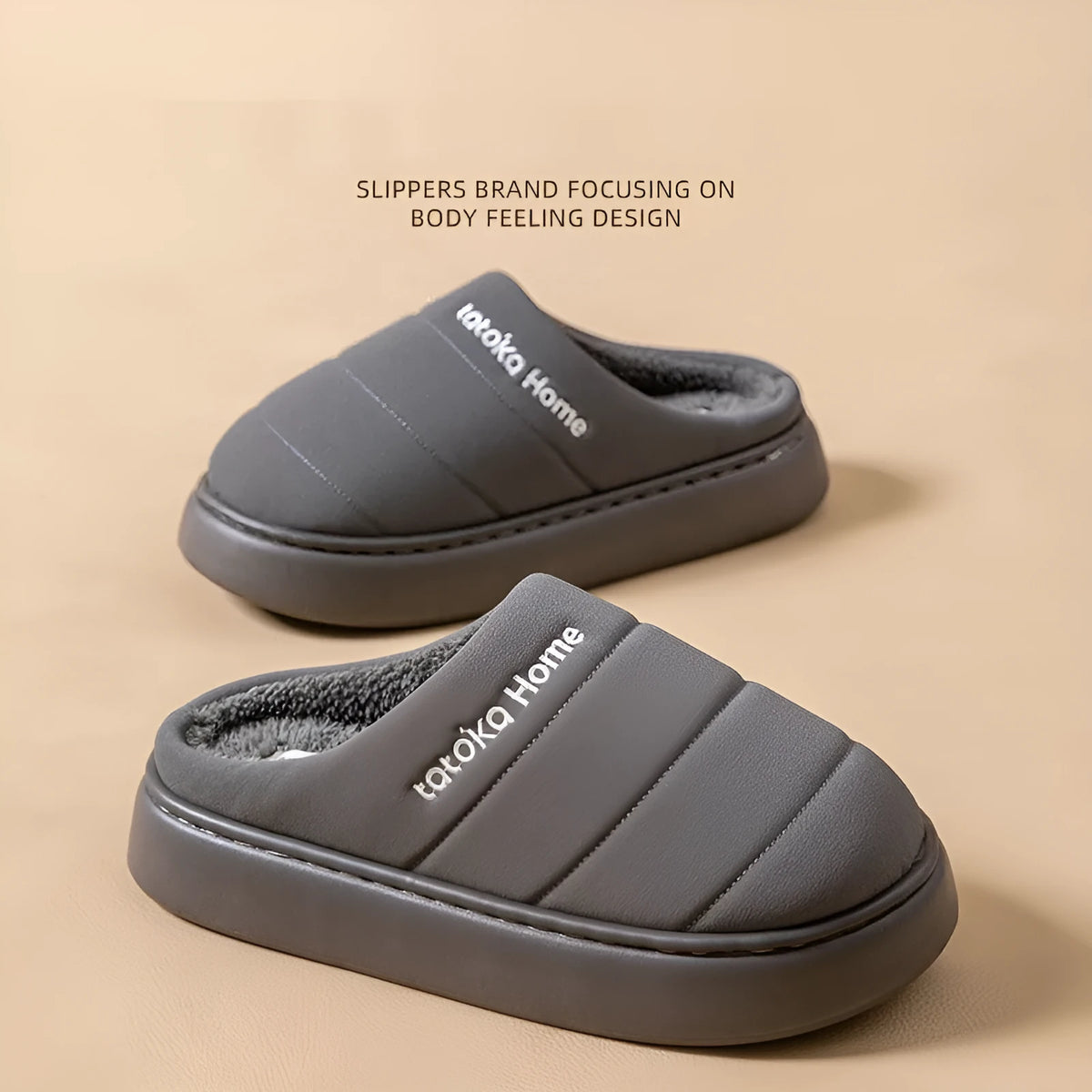 Waterproof plush cotton slippers with non-slip EVA sole and artificial wool lining, unisex adults