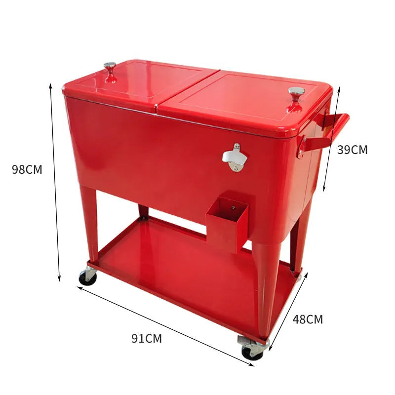 Red outdoor metal insulated catering trolley with 750ml capacity on grass