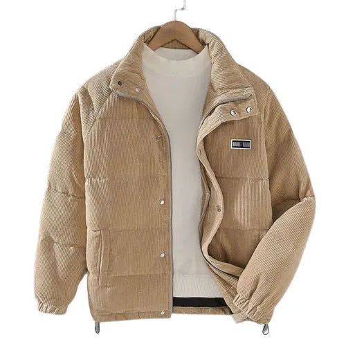 Men's thick corduroy jacket with cotton lining, long sleeves, striped pattern in khaki colour