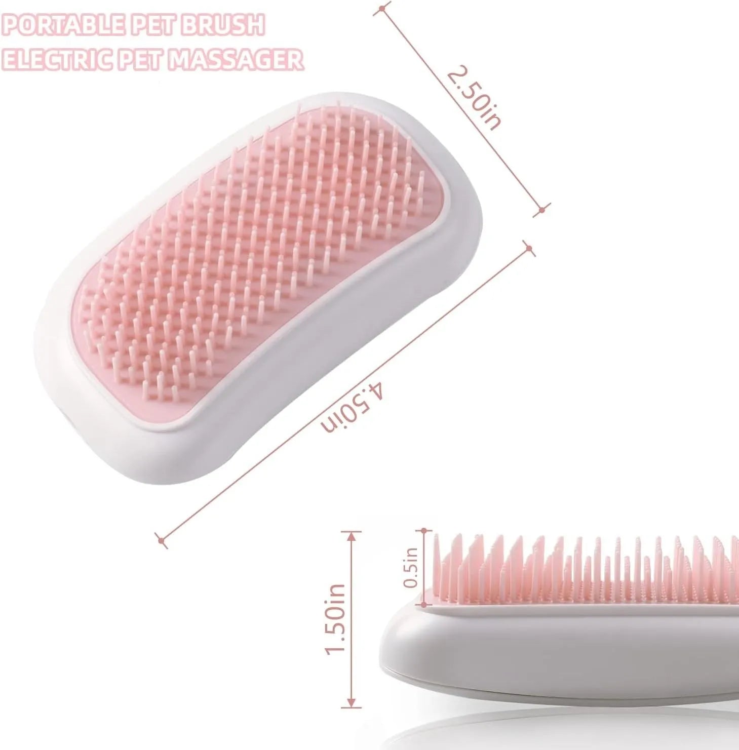 Pink handheld electric pet massage brush with soft TPE teeth on a white background