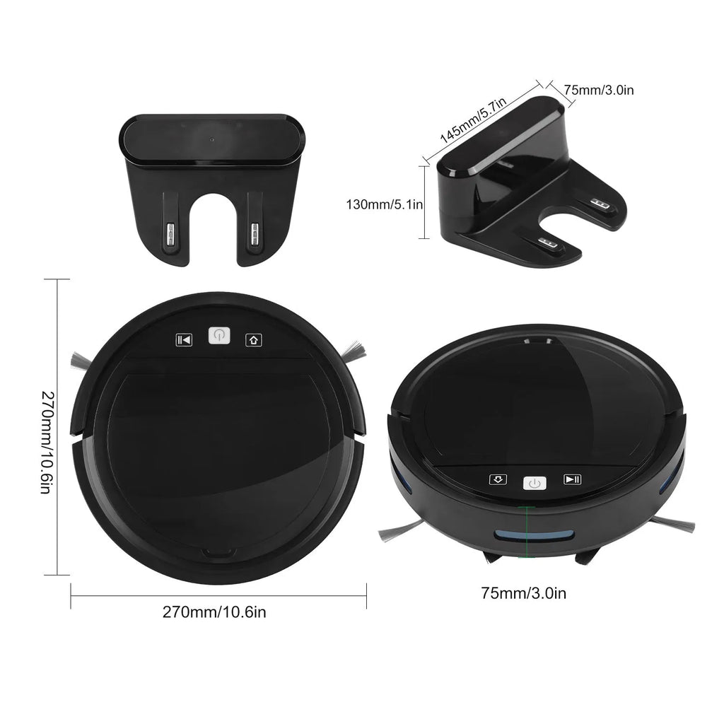 Automatic recharge vacuum cleaner in black with remote control, covering 70–90 sq m
