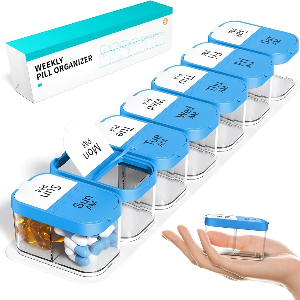 White and rainbow coloured portable pill box with 14 detachable compartments for medicine storage.