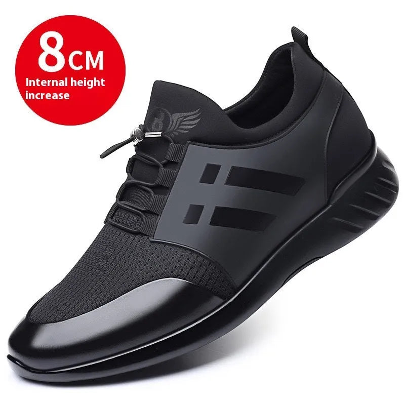 Men's black casual shoe with hidden 8cm heel for invisible height increase, available in leather or mesh.