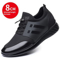 Men's black casual shoe with hidden 8cm heel for invisible height increase, available in leather or mesh.