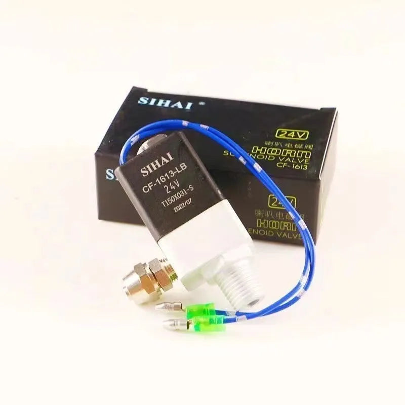 Black dual trumpet 12V 24V universal air horn and compressor kit for vehicles.