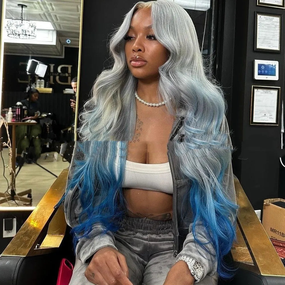 Grey blue gradient human hair lace front wig with natural hairline