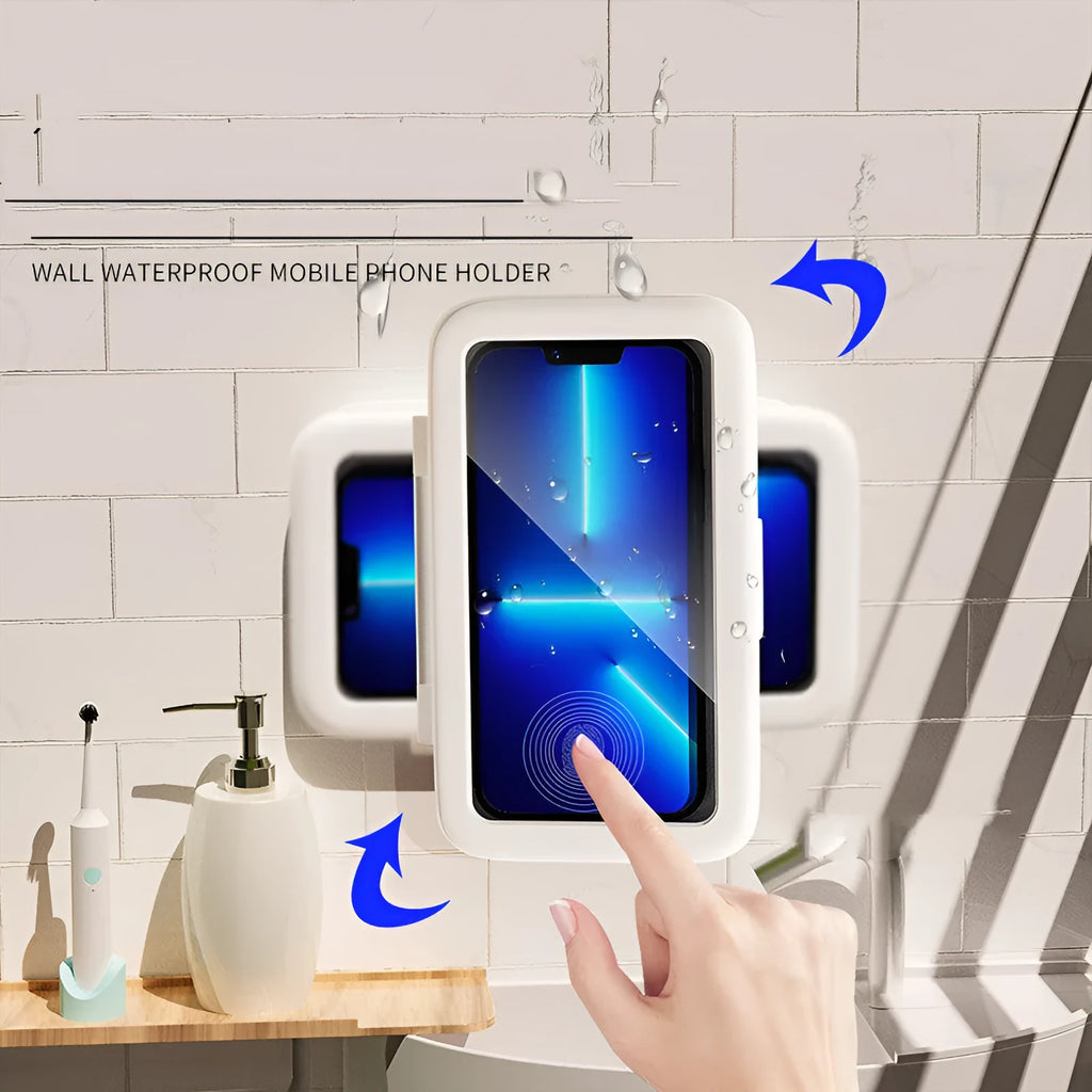 Waterproof phone holder with touch screen in black, pink, and white colour options