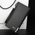 Men's long black zip wallet made from waterproof PU leather, shown closed.