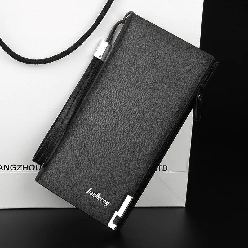 Men's long black zip wallet made from waterproof PU leather, shown closed.