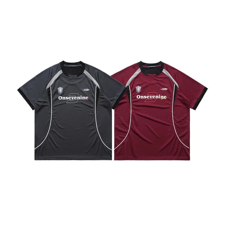 Patchwork quick-drying cotton T-shirt with letter print and stitching, dark red or dark grey, S to XXL