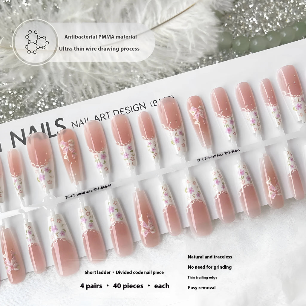 Small floral prefabricated nail tip set with long ladder shape and white velvet seal layer, 40 pieces