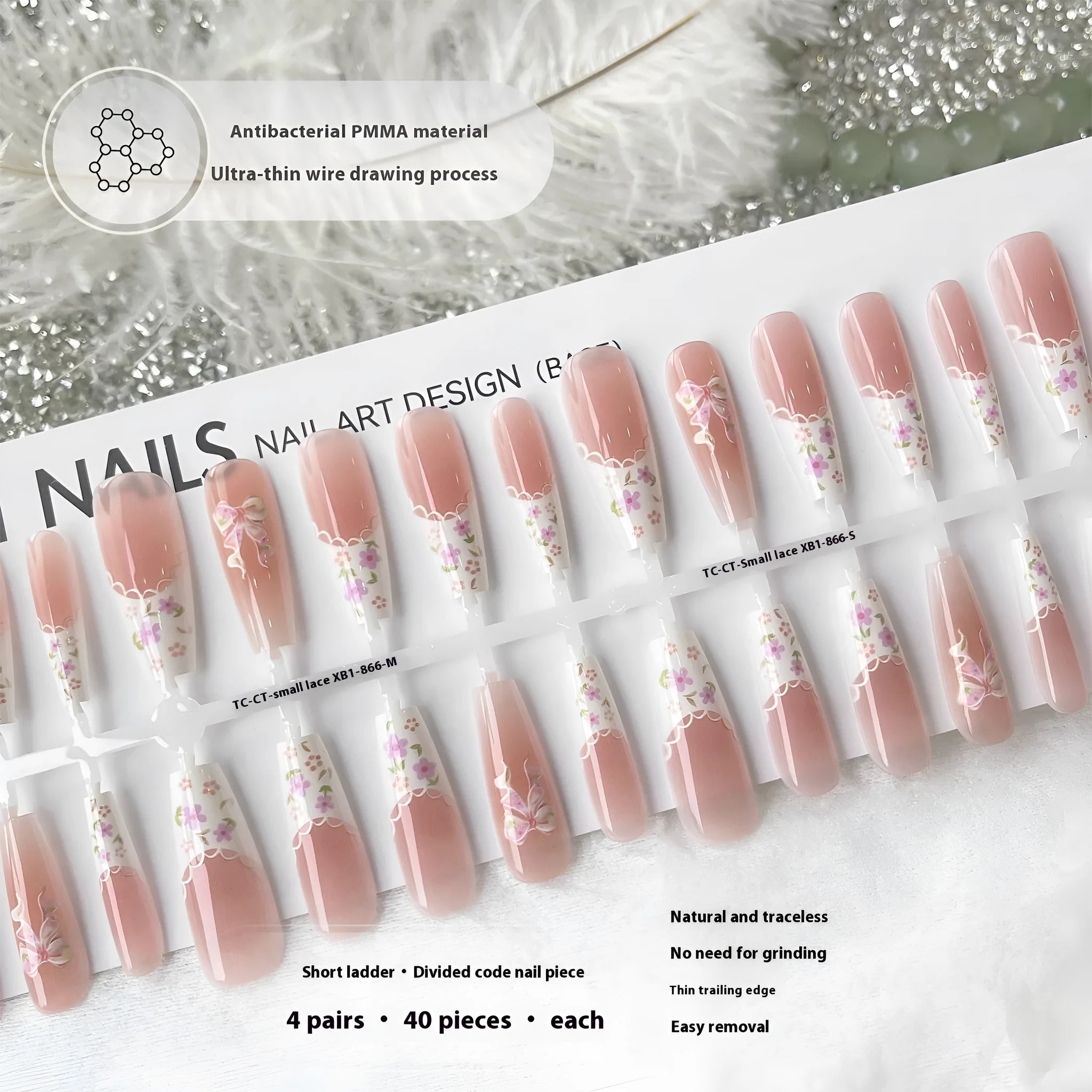 Small floral prefabricated nail tip set with long ladder shape and white velvet seal layer, 40 pieces