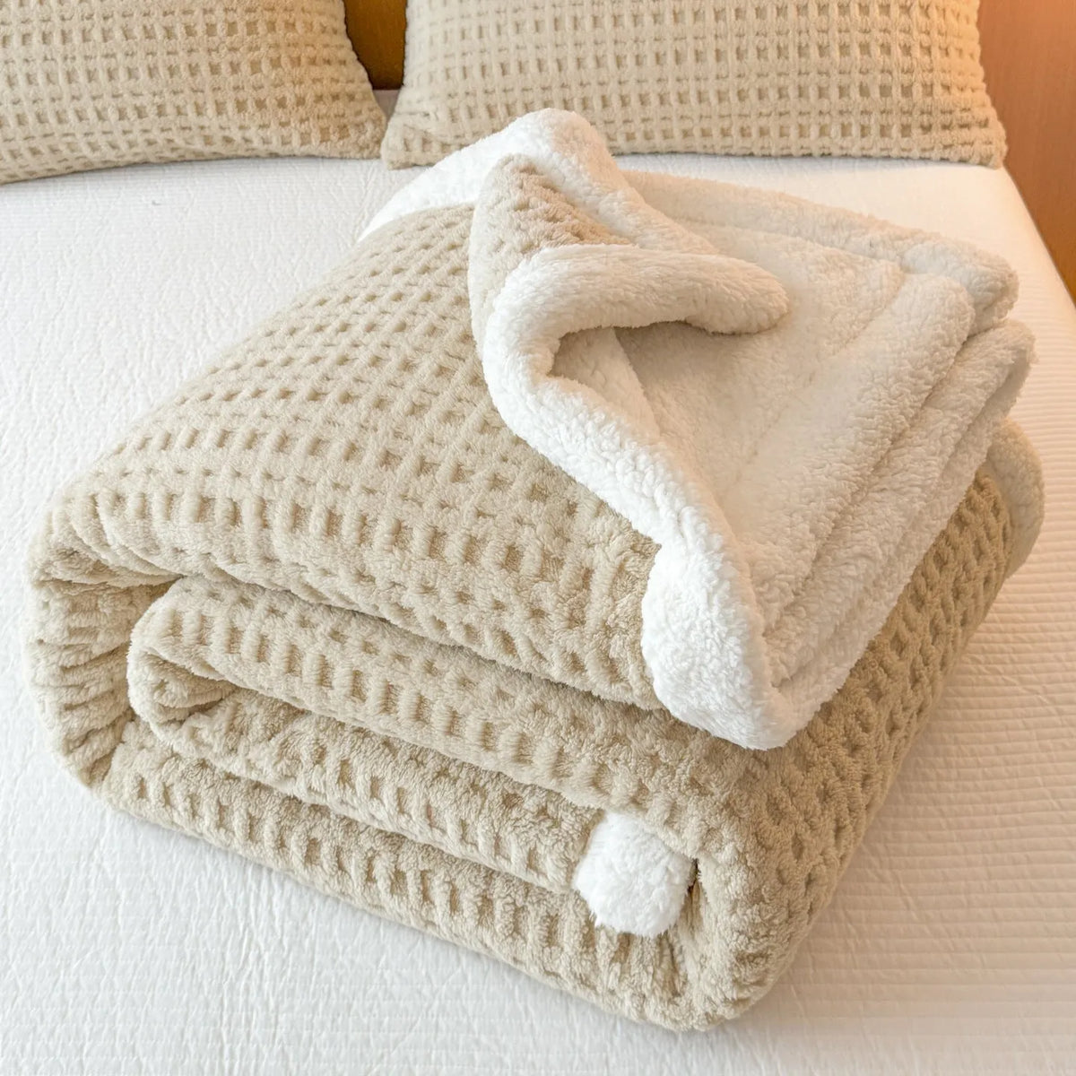Waffle jacquard double-sided thickened polyester blanket in solid colour with geometric pattern, for office naps and beds