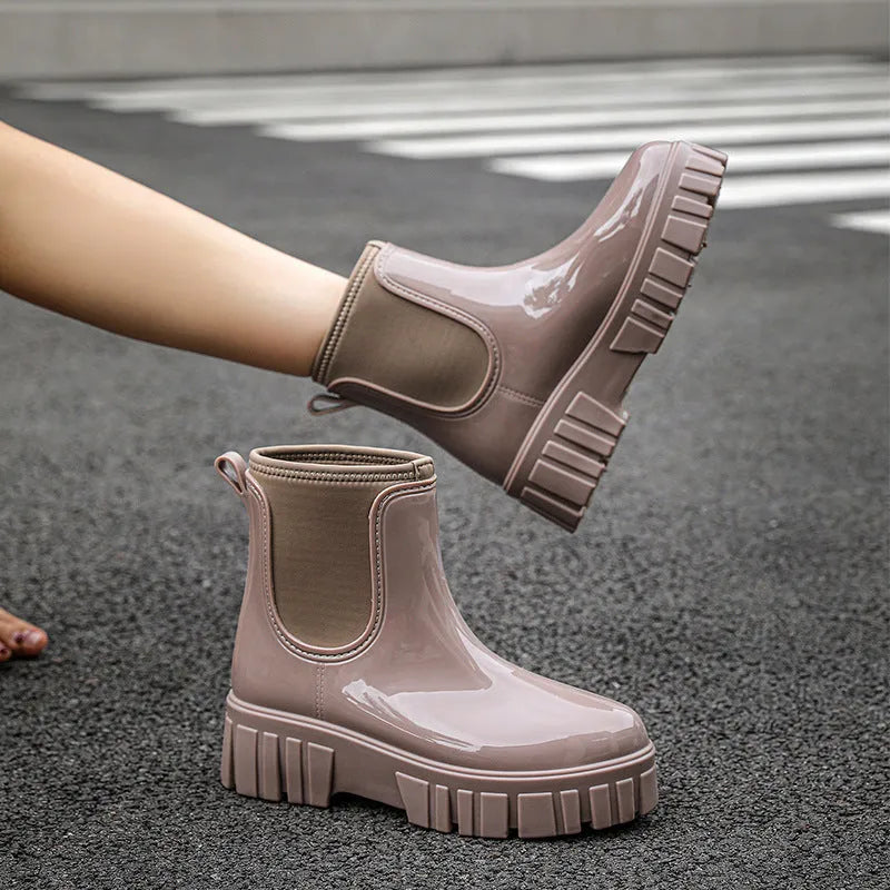 Women's low tube waterproof rain boot in apricot colour with flat heel and non-slip sole