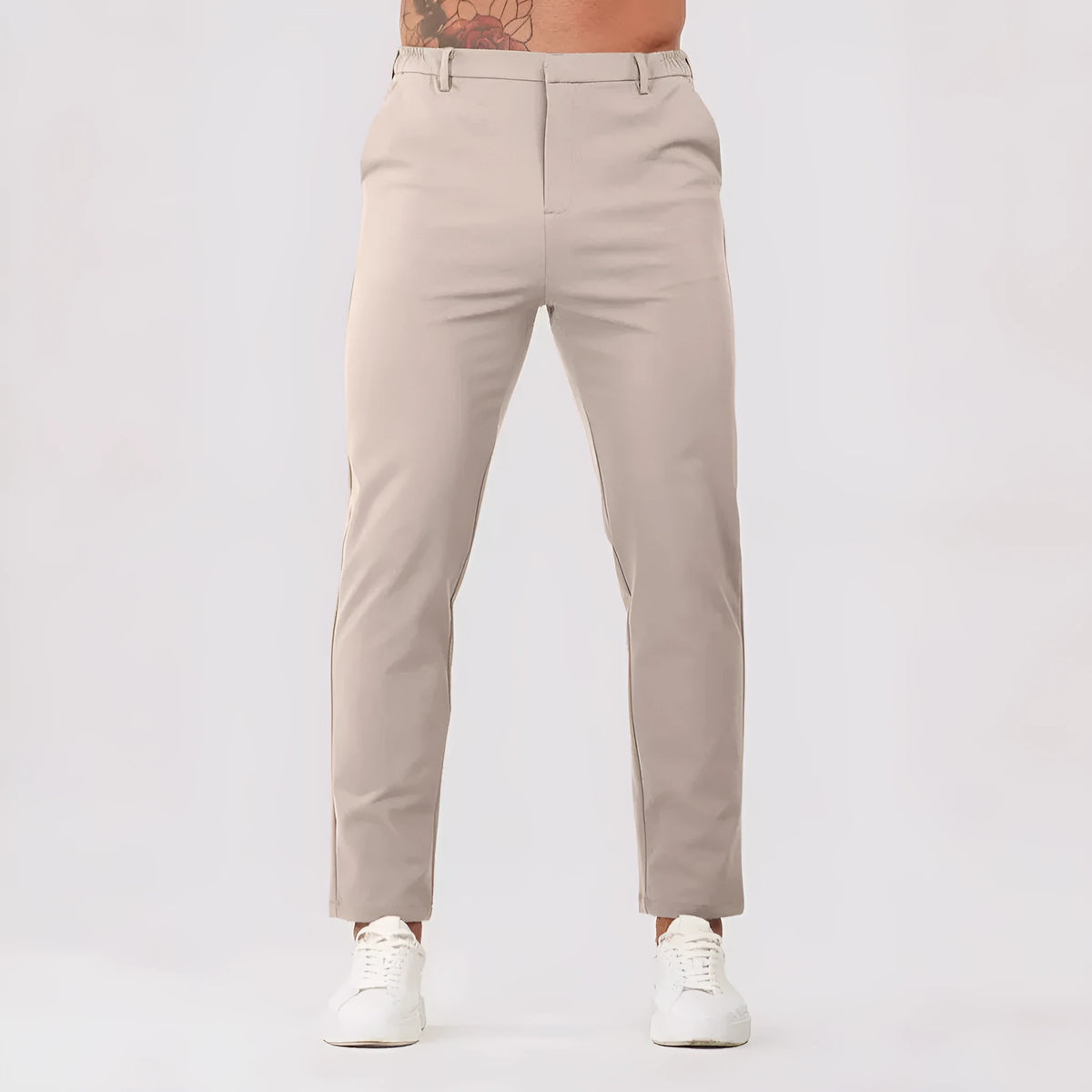 Men's solid colour straight leg suit trousers, mid waist button fly, polyester blend, five colours