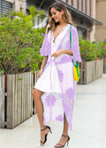 Light purple women's beach cover-up dress with cotton lining, shown as a cardigan-style swimsuit outer layer.
