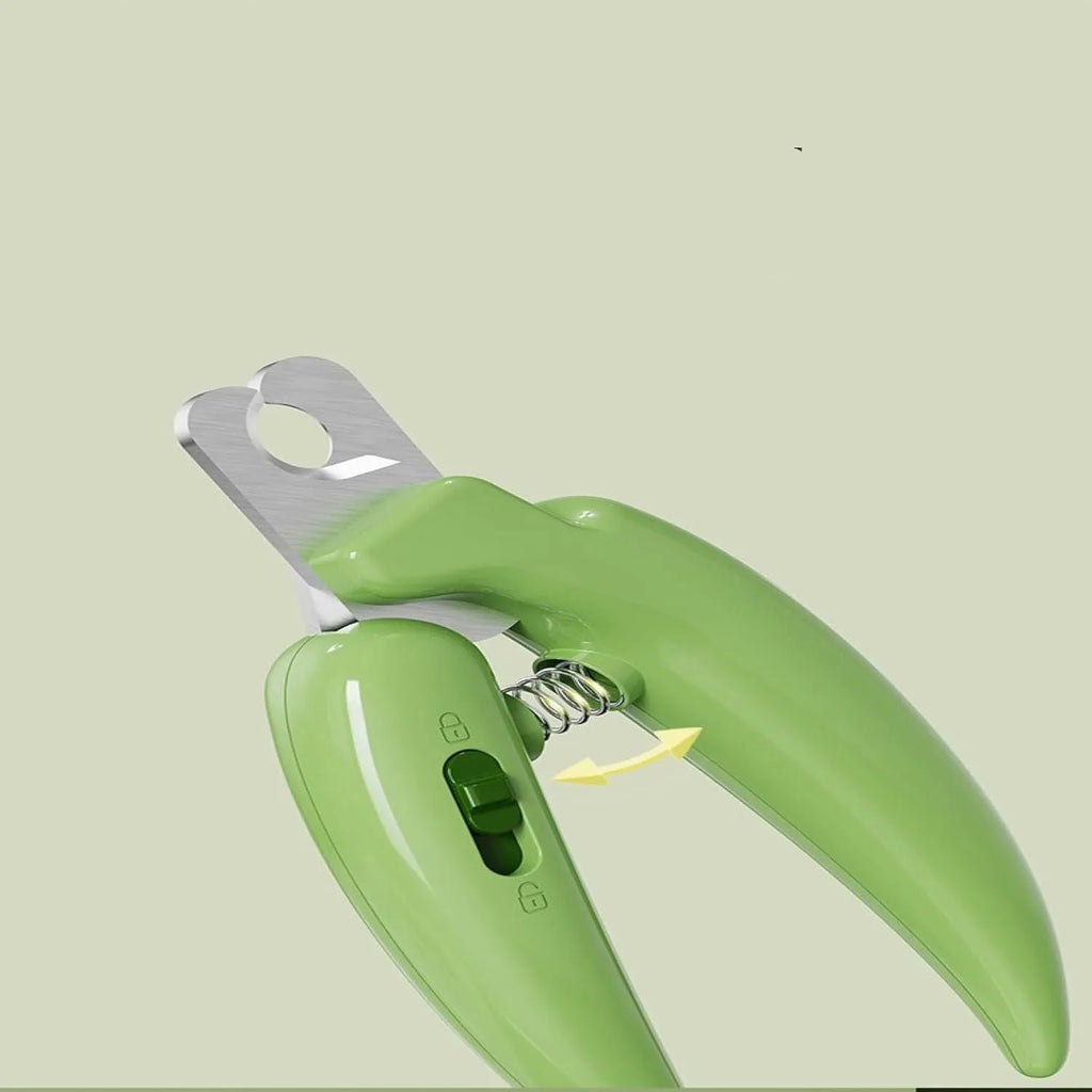 Pet nail clippers with stainless steel blades, anti-splash baffle, and ergonomic handle in green