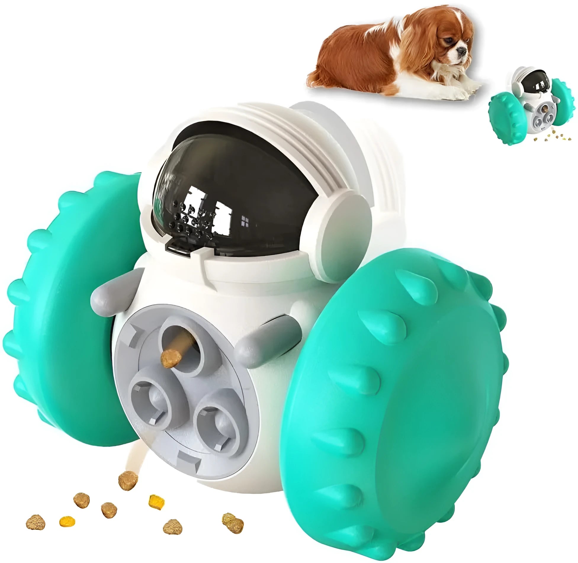 Small dog treat dispenser toy with roller design in multiple colour options for interactive pet play
