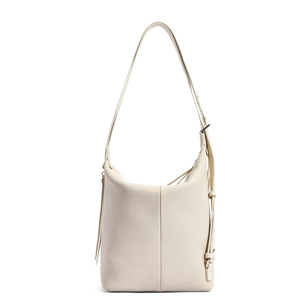 Women's soft cowhide leather bucket shoulder bag in elephant grey colour showing large capacity design