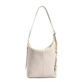 Women's soft cowhide leather bucket shoulder bag in elephant grey colour showing large capacity design