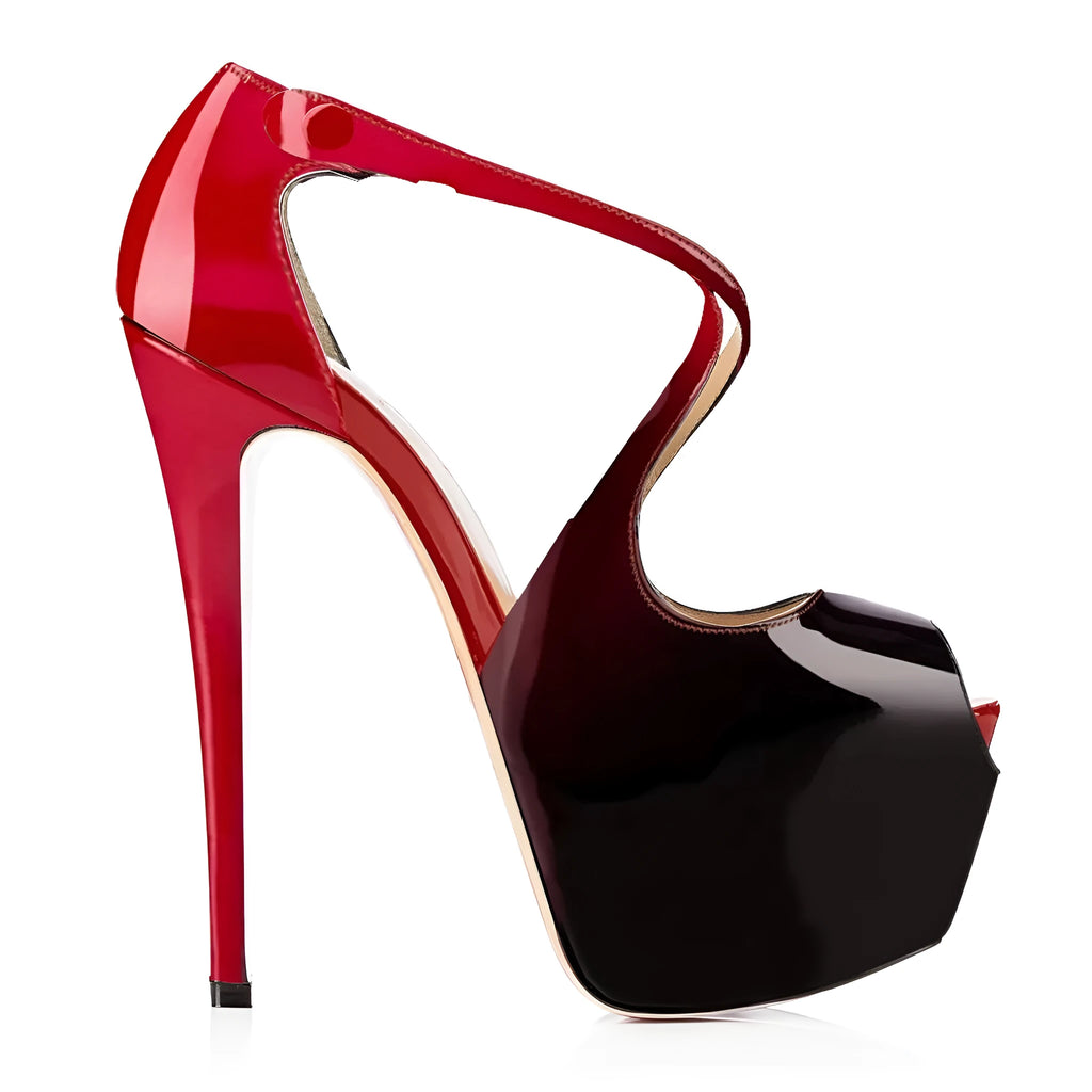 Women's black and red peep toe high heel shoes with cross straps and 8cm+ rubber sole heels