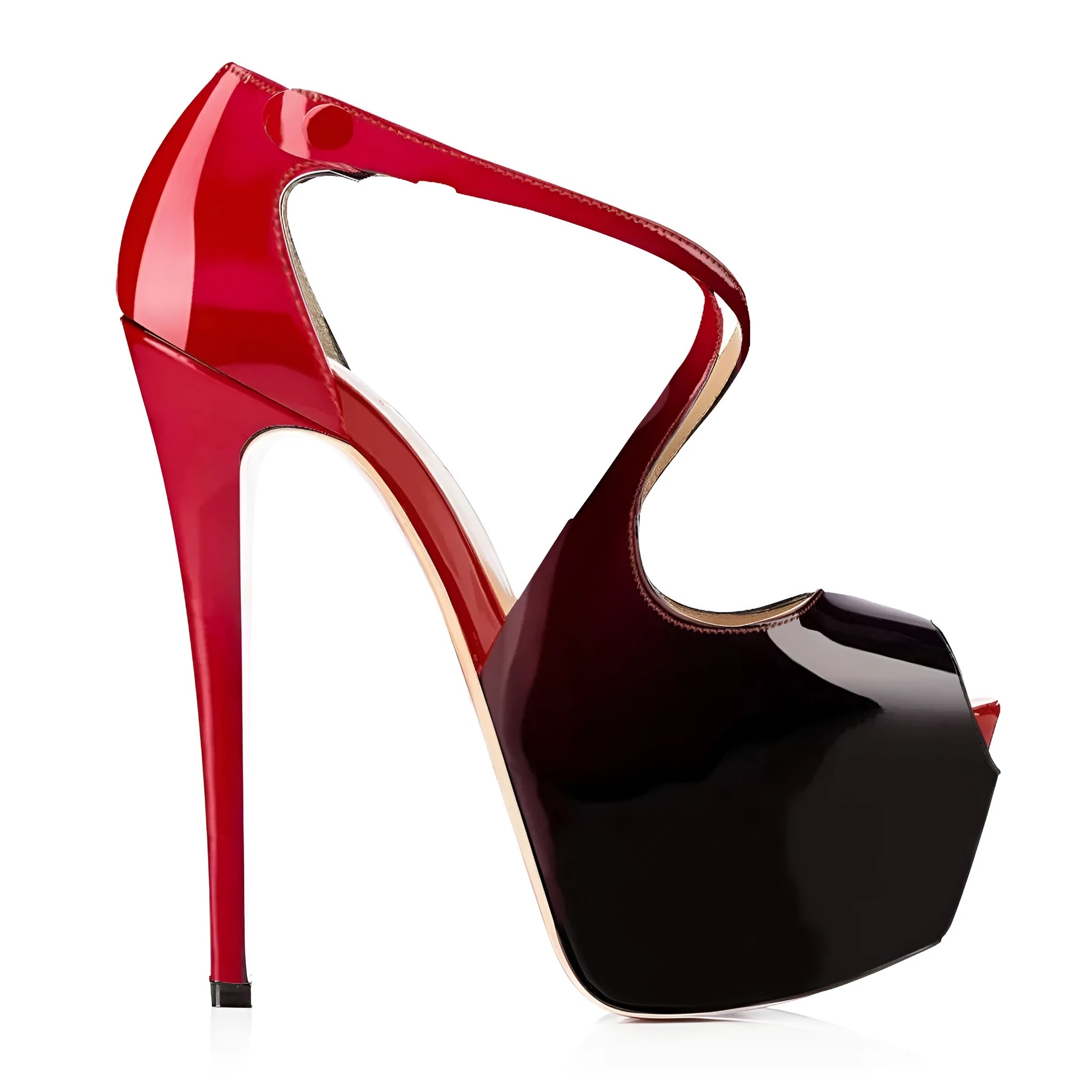 Women's black and red peep toe high heel shoes with cross straps and 8cm+ rubber sole heels