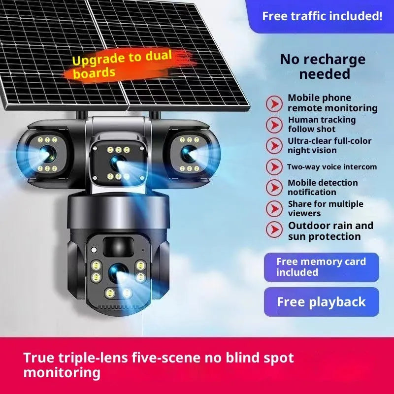 Three-lens solar PTZ security camera in black ABS housing with solar panel for outdoor full colour night vision surveillance