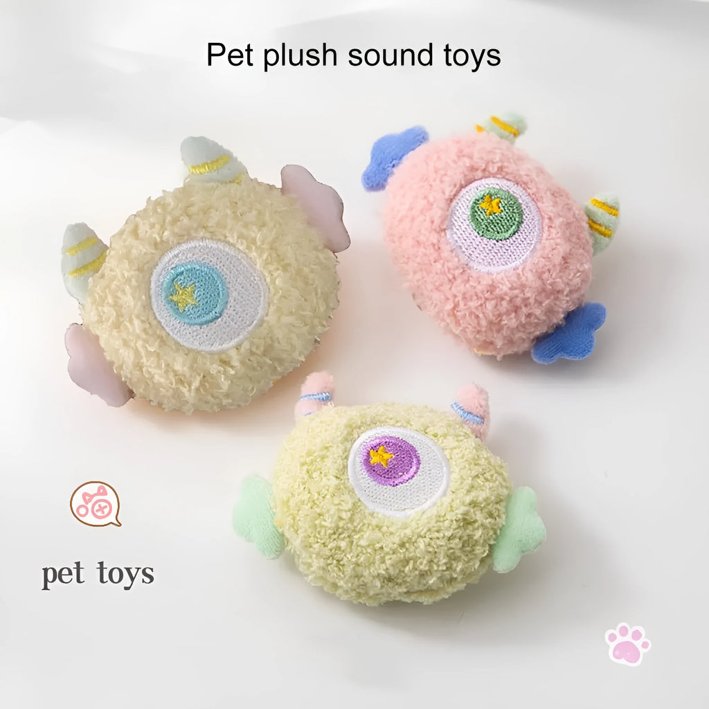 Cartoon plush dog chew toy with big eyes and squeaky sound feature.