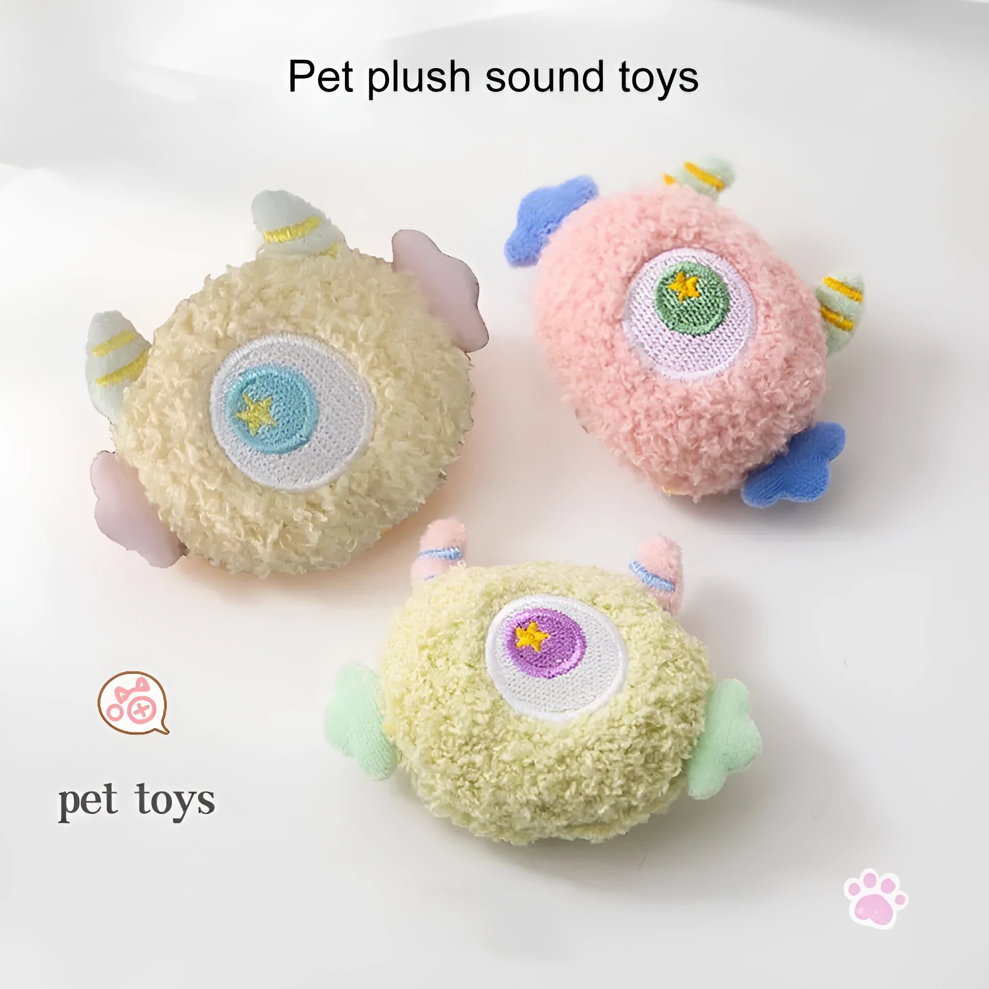 Cartoon plush dog chew toy with big eyes and squeaky sound feature.
