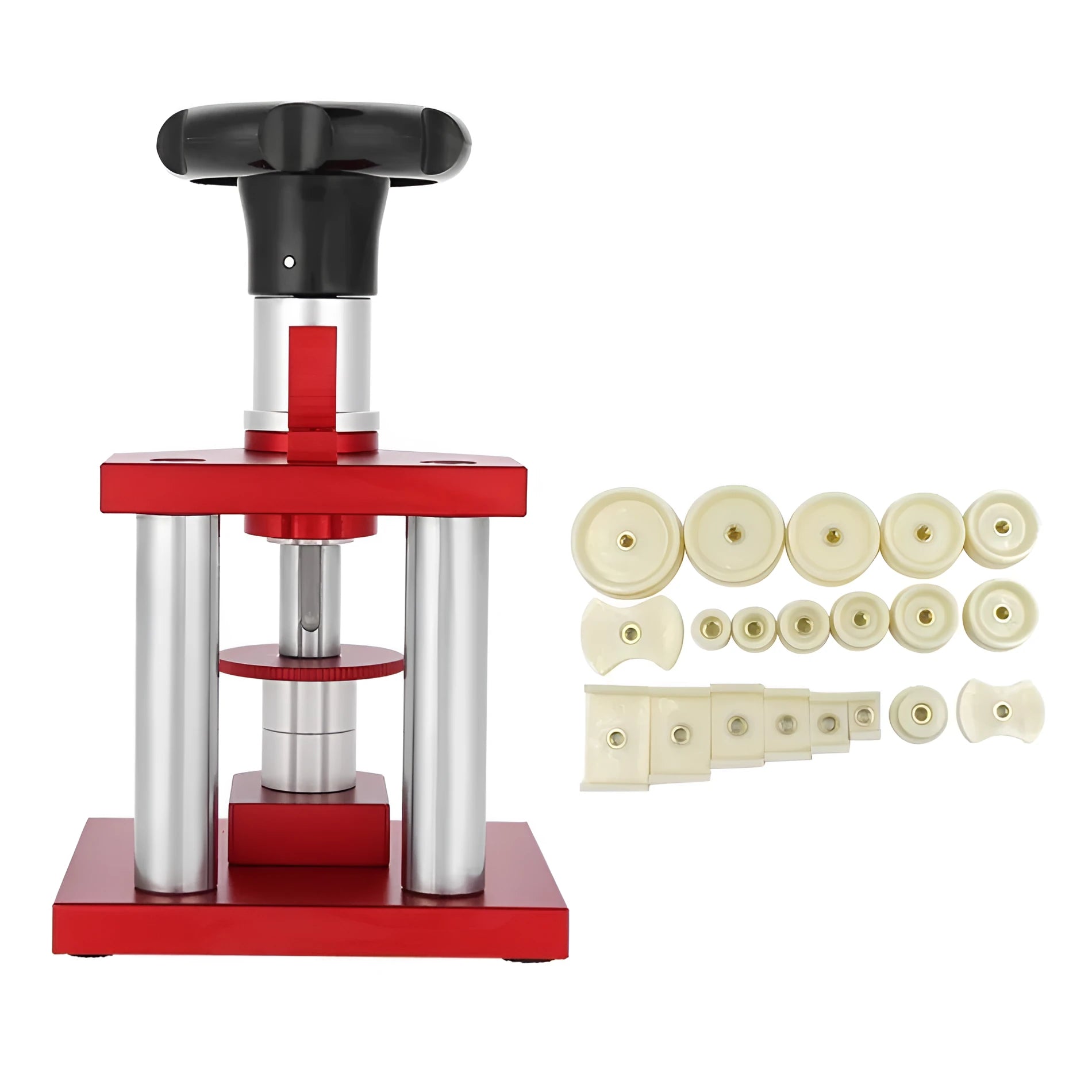 Watch repair spiral cap presser device with set of 20 plastic moulds for watch back covers