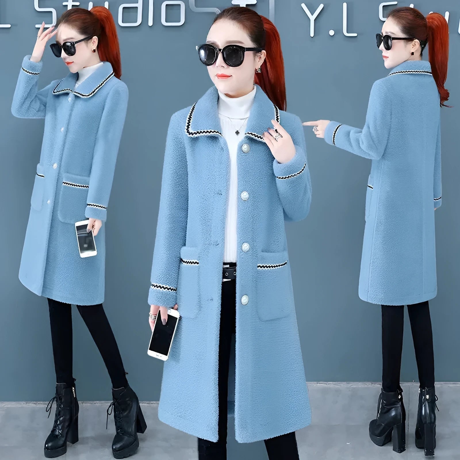 Women's mid-length faux mink fleece coat in blue, straight cut, 3D effect, polyester, no fur collar