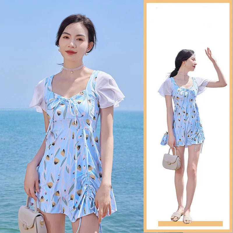 Women's sea salt blue floral one-piece swimsuit for swimming and hot springs