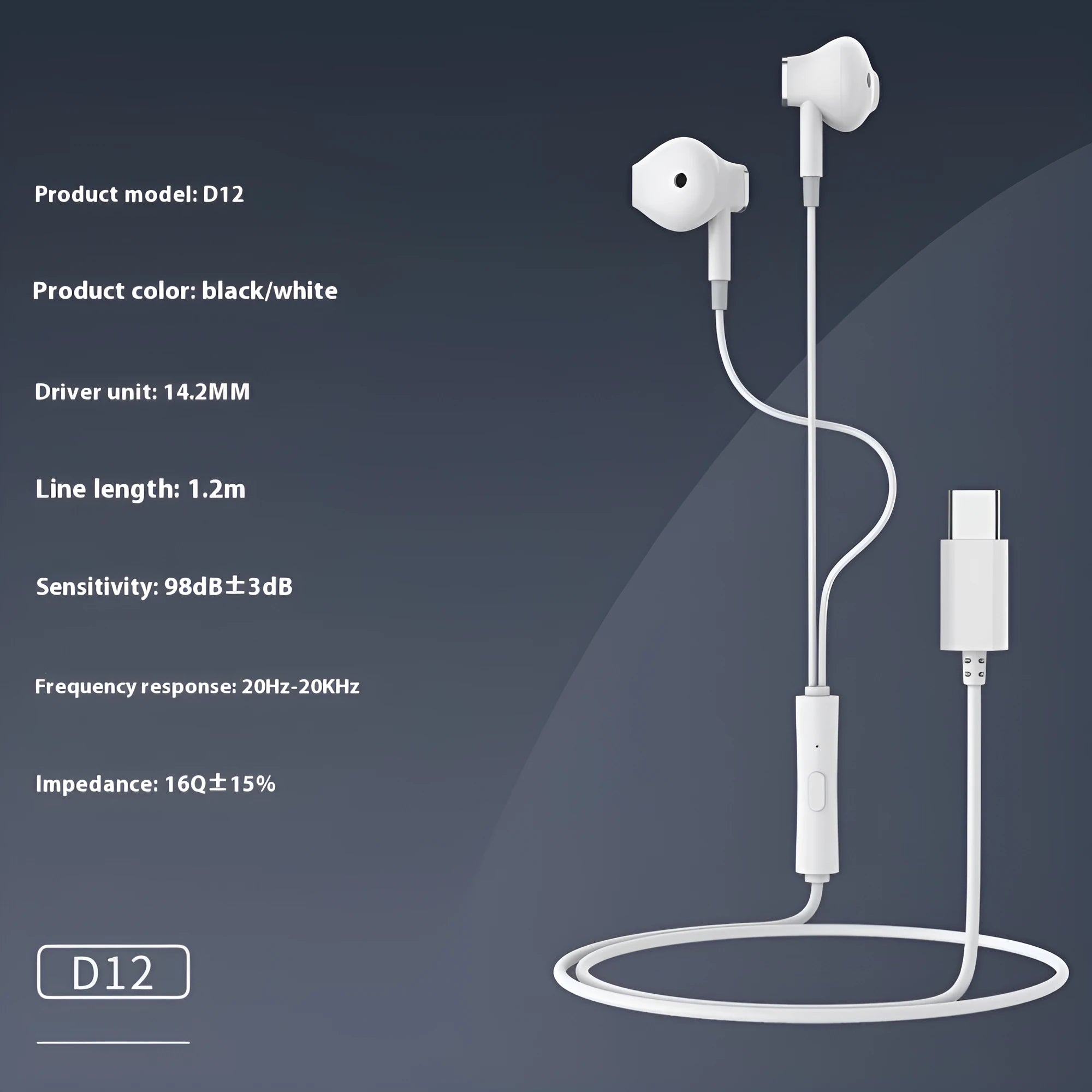 Celebrat TYPE-C wired semi-in-ear headset with 1.2m cable in black