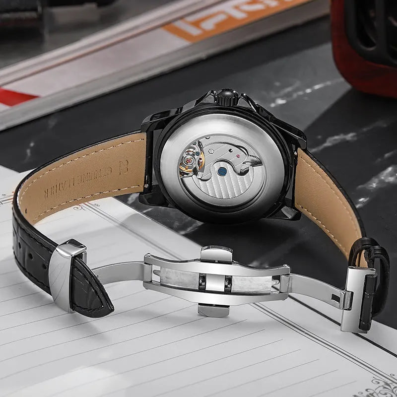 Men's automatic waterproof luminous watch with steel case and choice of leather or metal strap.
