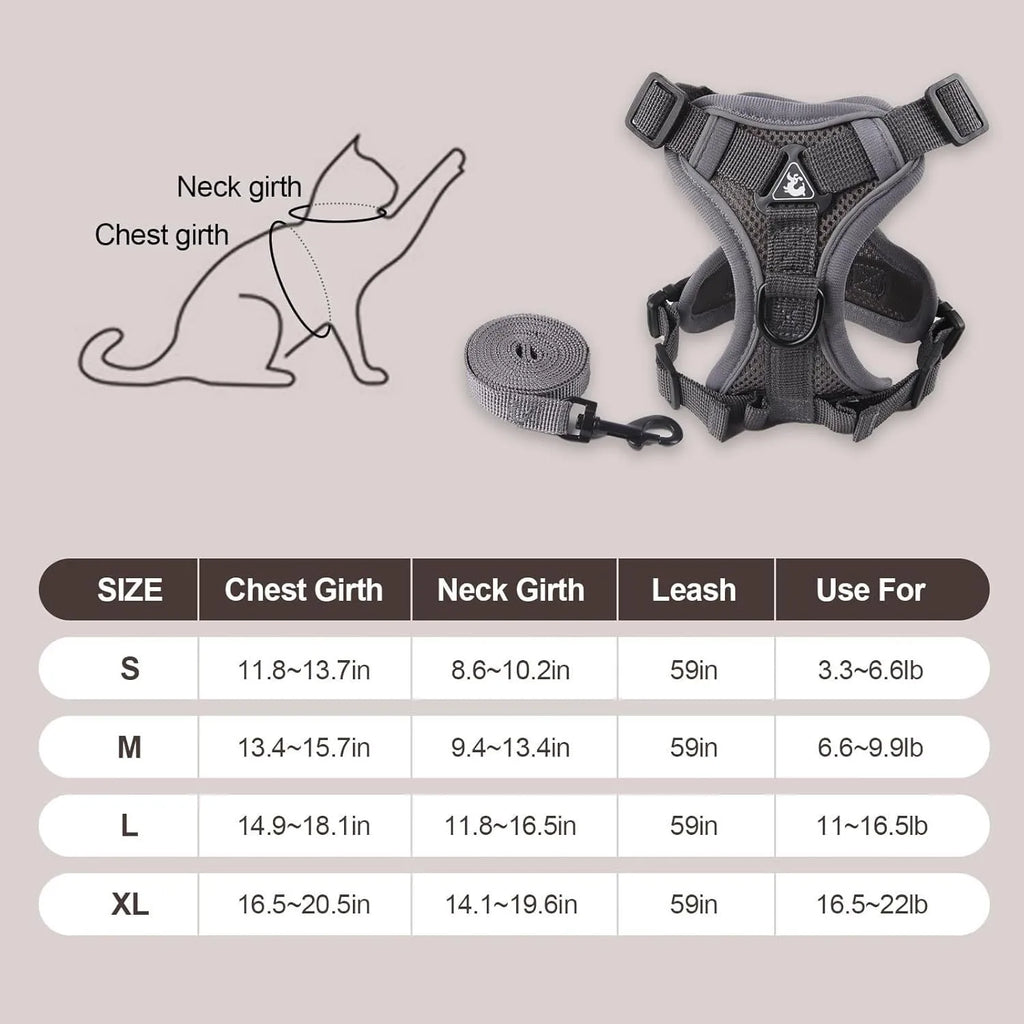 Adjustable soft mesh cat harness and leash set with reflective strips shown in blue, coffee, and grey colours.